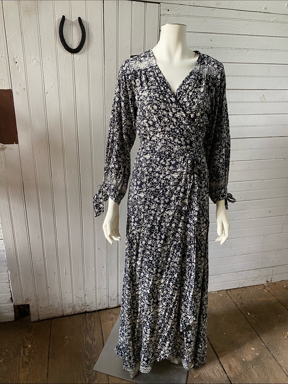 Anthropologie Navy & White Floral Wrap Maxi Dress